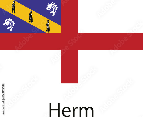 The flag of Herm, a small island in the Channel Islands. The flag consists of a red cross on a white field, with a blue and yellow canton displaying three figures of the hermits of the island.