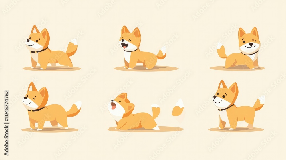 Fototapeta premium A flat-colored minimalist illustration of small dogs, showing them in various happy and playful poses, creating a friendly and inviting scene