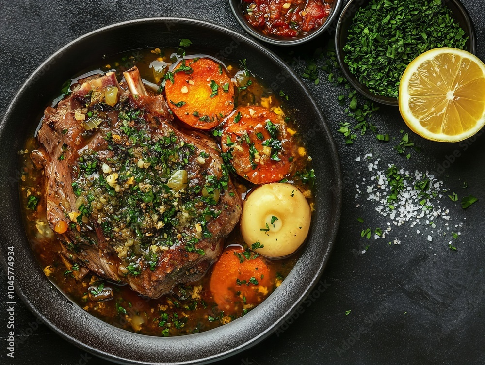 Osso Buco. The most popular Italian dishes. Braised veal shank served with gremolata, often with a rich sauce. Composition: Veal shank, white wine, broth, vegetables, gremolata. Osso Buco. The most popular Italian dishes. Braised veal shank served with gremolata, often with a rich sauce. Composition: Veal shank, white wine, broth, vegetables, gremolata.