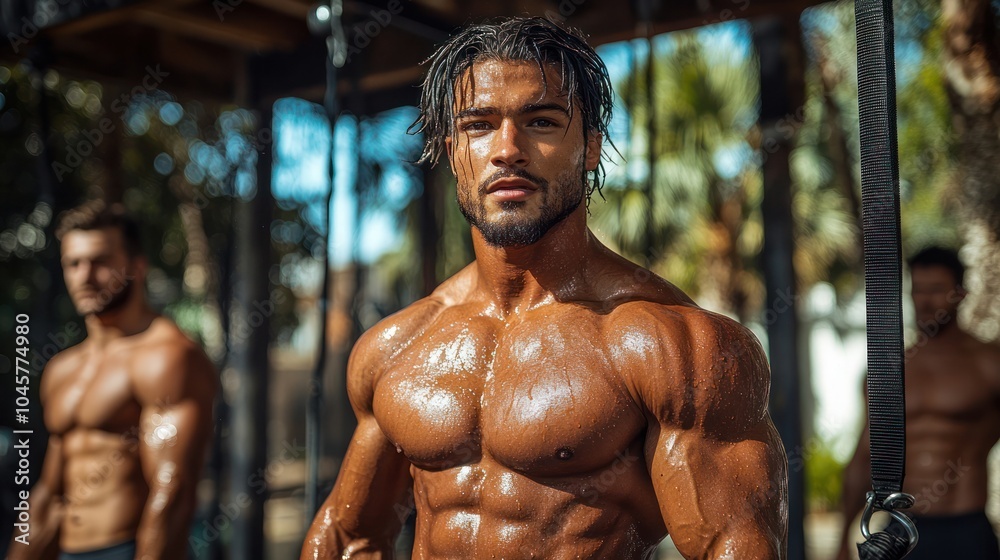 A muscular man with dreadlocks stands in the foreground of a group of men during an outdoor workout session. A muscular man with dreadlocks stands in the foreground of a group of men during an outdoor workout session.