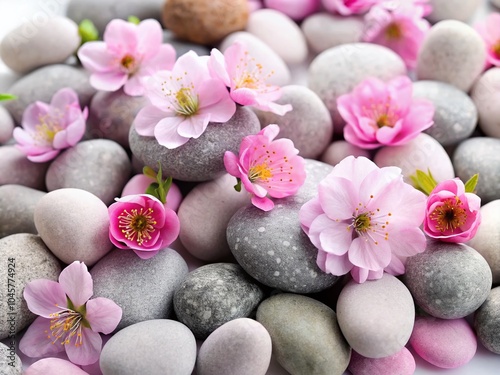 Long Exposure of Pink Spring Flowers and Rock Stones on White Background for Nature and Floral Photography