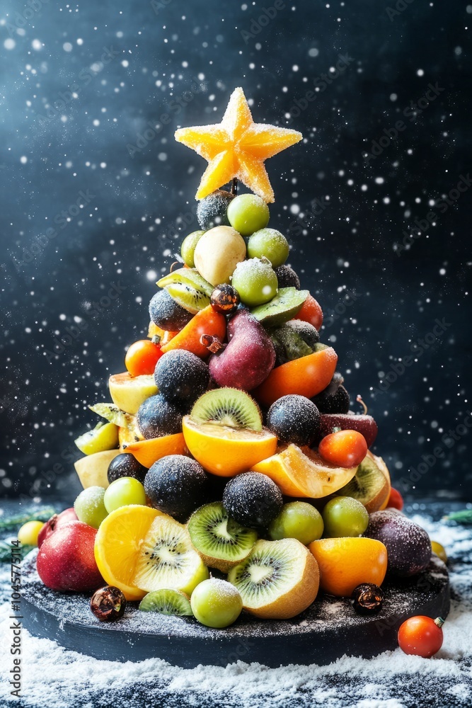 A Christmas tree made of berries, fruits and citrus with a star on top. The concept of celebrating Christmas, New Year, vertical A Christmas tree made of berries, fruits and citrus with a star on top. The concept of celebrating Christmas, New Year, vertical