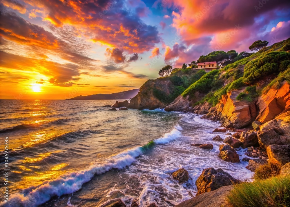 Obraz premium Long Exposure Serenity at Capoliveri's Stunning Coastline at Sunset