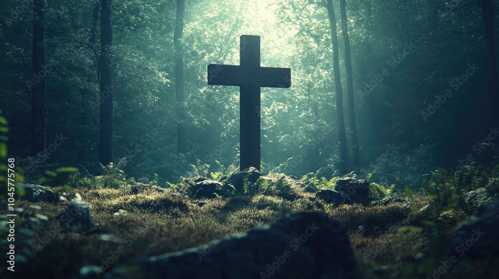 A large wooden cross standing in the center of a clearing in the forest, representing the intersection of nature and spirituality A large wooden cross standing in the center of a clearing in the forest, representing the intersection of nature and spirituality