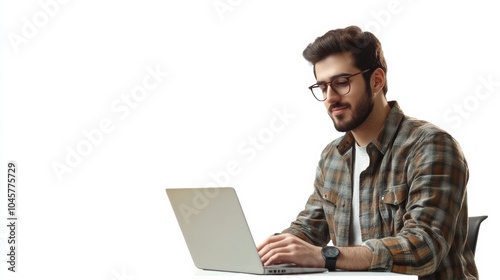 A young man is engaged in remote work on his laptop, demonstrating concentration in a clean and bright environment. Generative AI