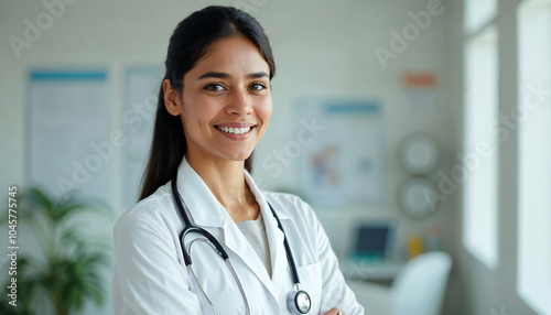 indian Beautiful young female doctor looking at camera in the office.