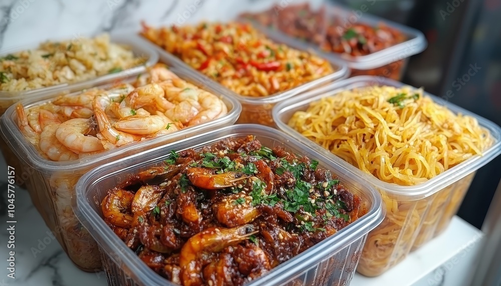 Colorful Thai food lunch boxes with shrimp and noodles arranged on a table Colorful Thai food lunch boxes with shrimp and noodles arranged on a table