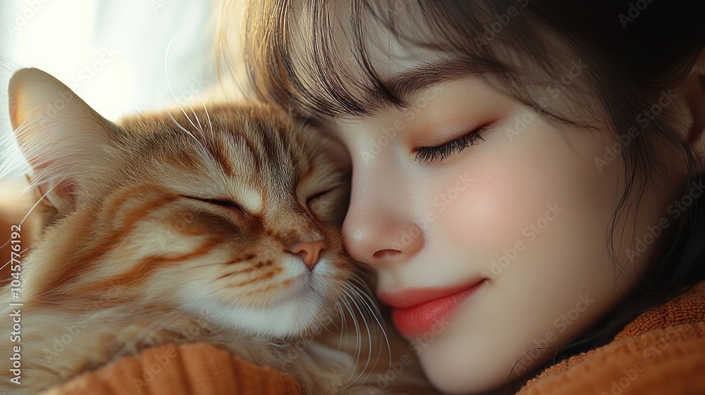 A young woman lovingly embraces her fluffy cat, showcasing a warm and tender moment. A young woman lovingly embraces her fluffy cat, showcasing a warm and tender moment.