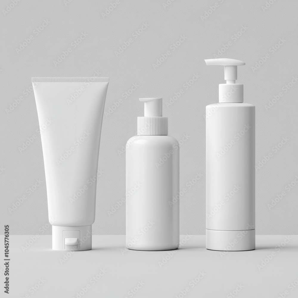 Minimalist white cosmetic bottles on neutral background for product mockup Minimalist white cosmetic bottles on neutral background for product mockup