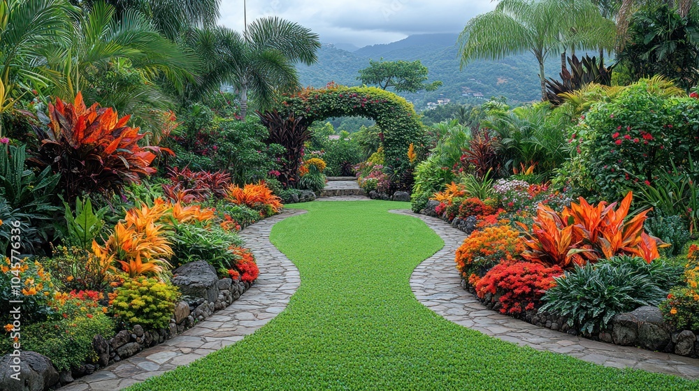 Fototapeta premium A winding stone pathway leads through a lush tropical garden with vibrant flowers and foliage.