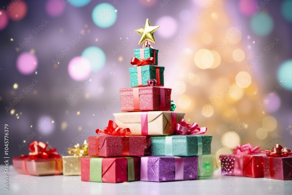 A Christmas tree made from small gifts and decorated with a star. A Christmas tree made from small gifts and decorated with a star.