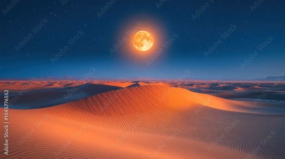 A serene desert landscape illuminated by a bright moon against a starry sky. A serene desert landscape illuminated by a bright moon against a starry sky.
