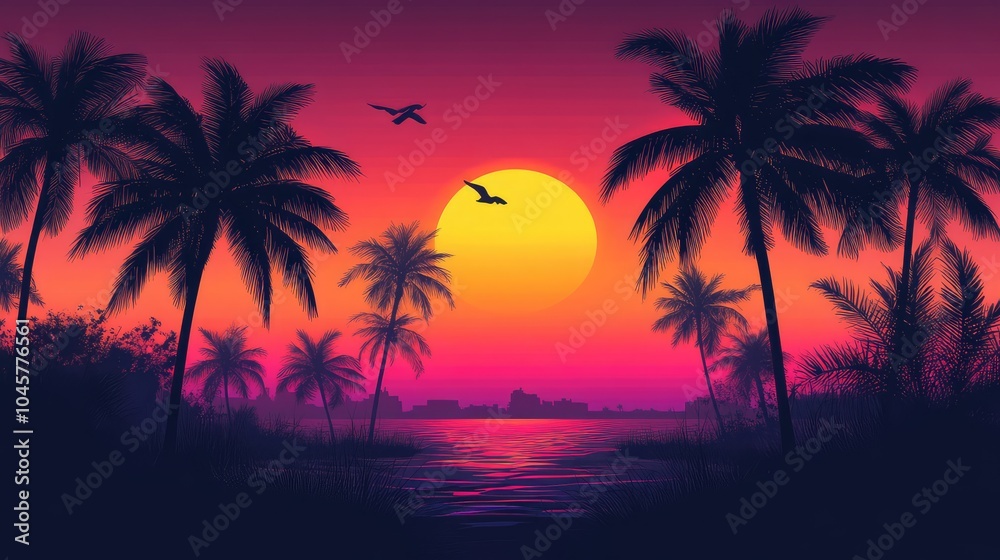 Silhouettes of palm trees against a vibrant neon sunset, glowing in shades of pink, orange, and purple Silhouettes of palm trees against a vibrant neon sunset, glowing in shades of pink, orange, and purple