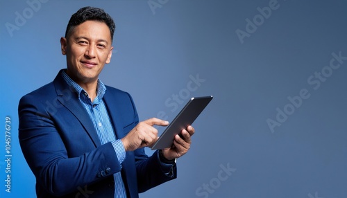 Smiling Confident Latin Hispanic Mature Businessman Holding Digital Tablet