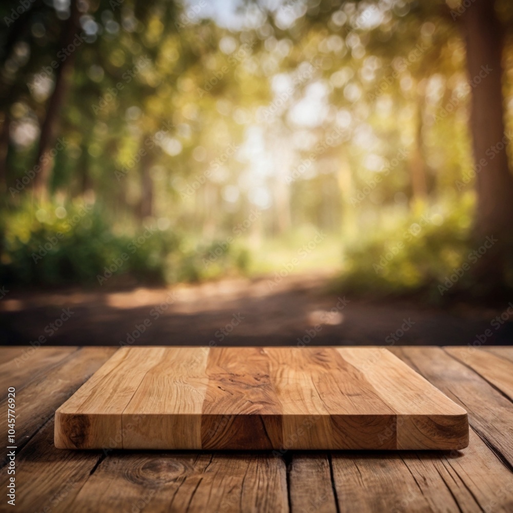A rustic wooden cutting board rests on a table in a sunlit forest clearing, surrounded by vibrant foliage and natural beauty A rustic wooden cutting board rests on a table in a sunlit forest clearing, surrounded by vibrant foliage and natural beauty