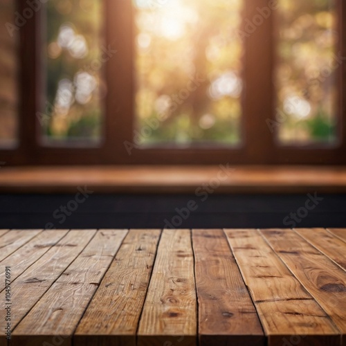 Tableau sur toile Natural light streaming through large windows casts a warm glow on a rustic wood