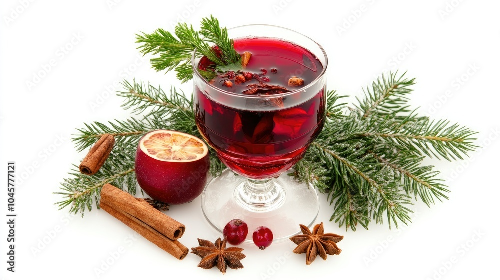 A rustic glass of mulled wine with floating spices, set on a white background with a simple garnish of fresh herbs and fruit slices A rustic glass of mulled wine with floating spices, set on a white background with a simple garnish of fresh herbs and fruit slices