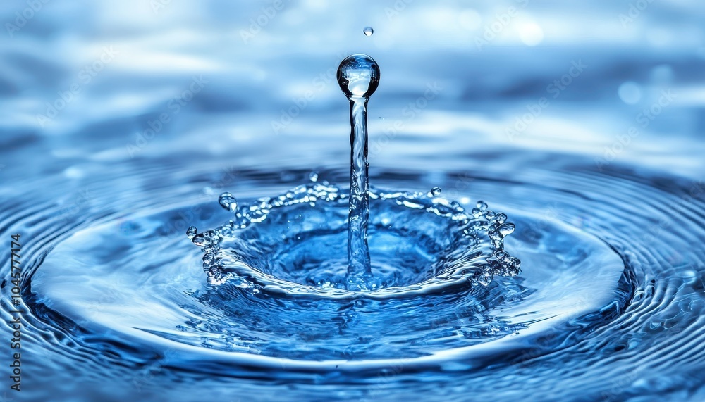 Water droplet splashes creating ripples in a serene blue background Water droplet splashes creating ripples in a serene blue background