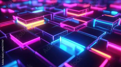 A bold neon grid design with glowing squares and rectangles, creating a digital landscape filled with vibrant colors