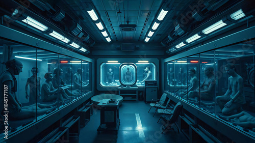 Alien science lab with state-of-the-art technology Inside the room were many humans who had been locked in glass cabinets.