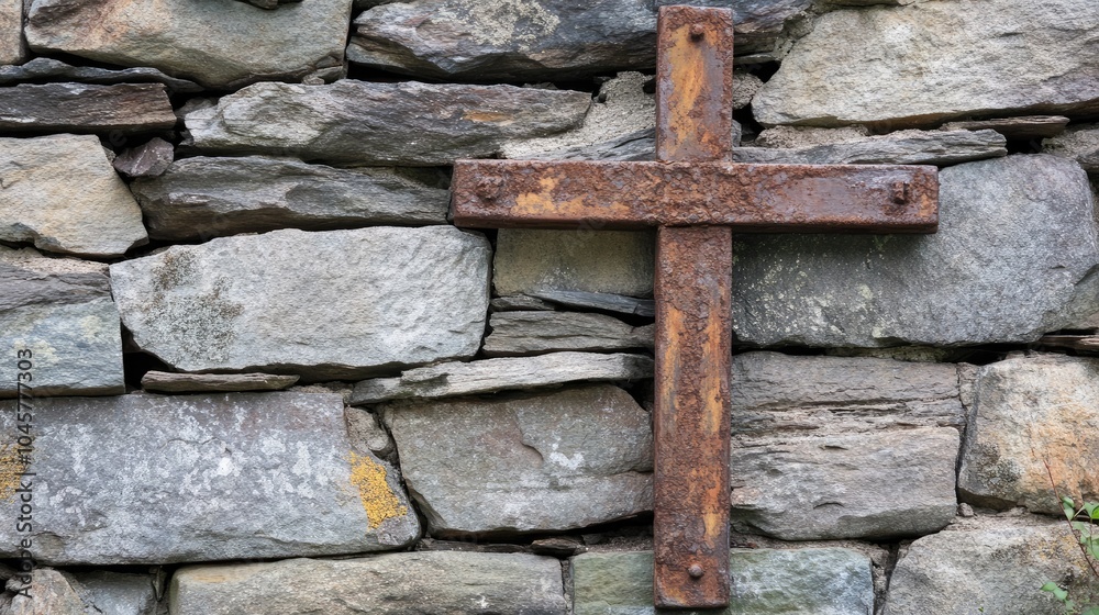 A rustic metal cross on a stone wall, representing faith in simplicity and strength through hardship A rustic metal cross on a stone wall, representing faith in simplicity and strength through hardship