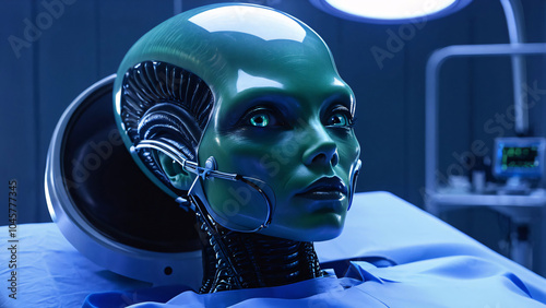 A green-skinned female alien being experimented on lies on a medbed. photo