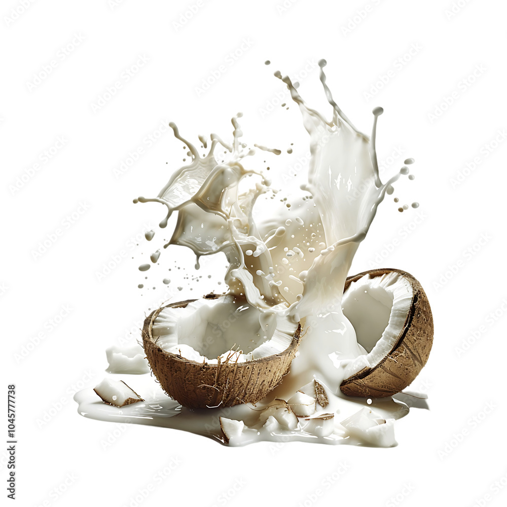 Fresh coconut with milk splash isolated on a transparent background by AI generative. Fresh coconut with milk splash isolated on a transparent background by AI generative.