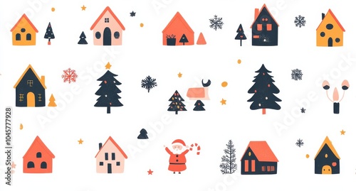 Charming Christmas village scene with clipart illustrations of cozy houses, festive trees, snowflakes, and joyful Santa Claus celebrating the holiday season with warmth and charm in vibrant colors.