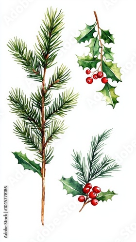 Holly and pine branches on white background