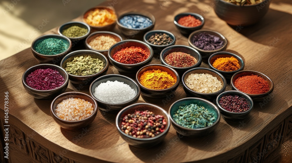 A spice lover dream with an array of colorful seasonings in small bowls, featuring everything from salt to saffron, displayed on a wooden surface A spice lover dream with an array of colorful seasonings in small bowls, featuring everything from salt to saffron, displayed on a wooden surface