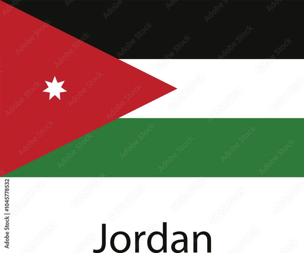 The flag of Jordan is a horizontal triband of black, white and green, with a red triangle on the hoist side. The triangle is charged with a white seven-pointed star. The flag of Jordan is a horizontal triband of black, white and green, with a red triangle on the hoist side. The triangle is charged with a white seven-pointed star.