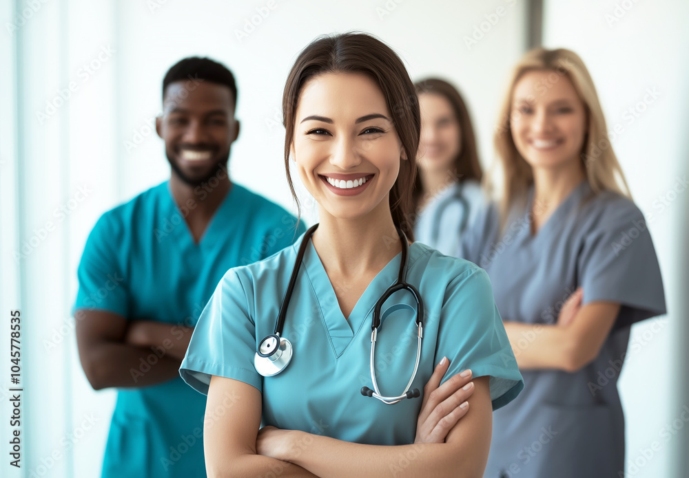 Diverse healthcare team smiling in medical uniforms in a modern hospital setting Diverse healthcare team smiling in medical uniforms in a modern hospital setting