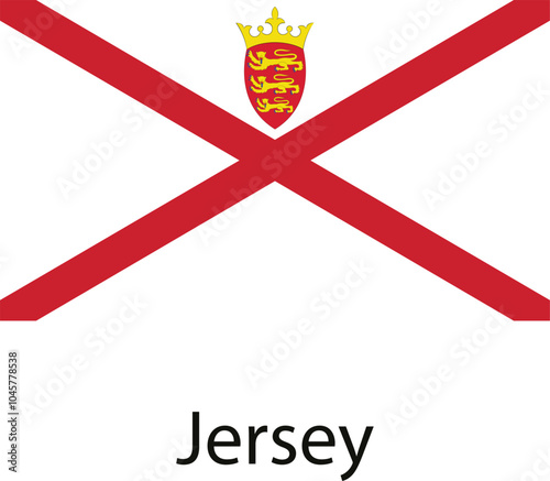 The flag of Jersey, a British Crown Dependency. It features a red cross on a white background, with the coat of arms of Jersey in the top left corner.