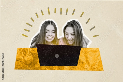 Composite photo collage of two happy girls friends watch film business people freelancer browsing laptop isolated on painted background