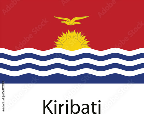The flag of Kiribati features a red field with a yellow sun and a frigatebird flying above the sun on a white band of waves, representing the country's location in the Pacific Ocean.
