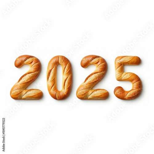 2025 number shaped from realistic salted pretzel bread on a white background, perfect for bakery marketing, New Year celebration designs, and creative typography. photo