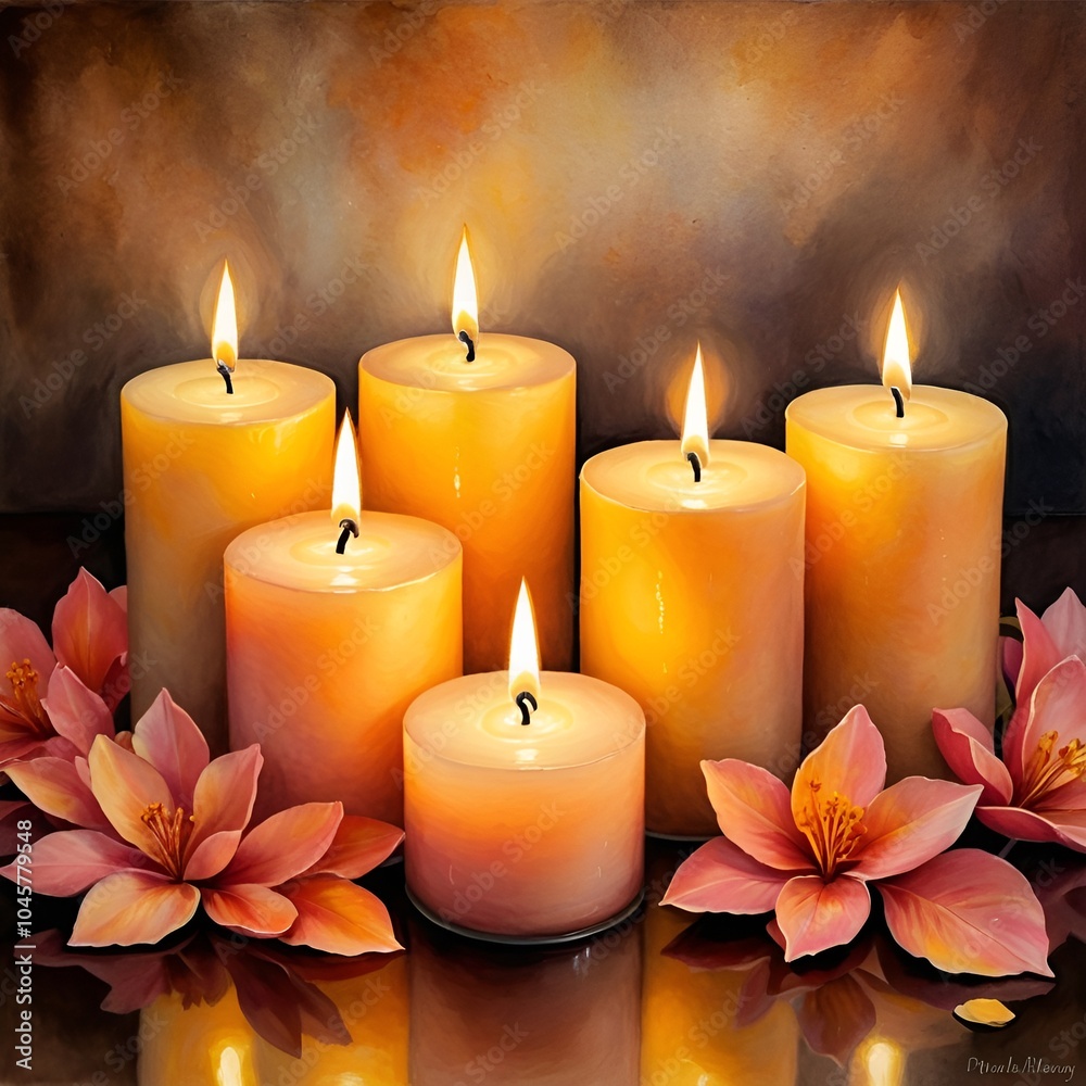 Serene composition of lit candles surrounded by pink flowers in a warm and inviting setting