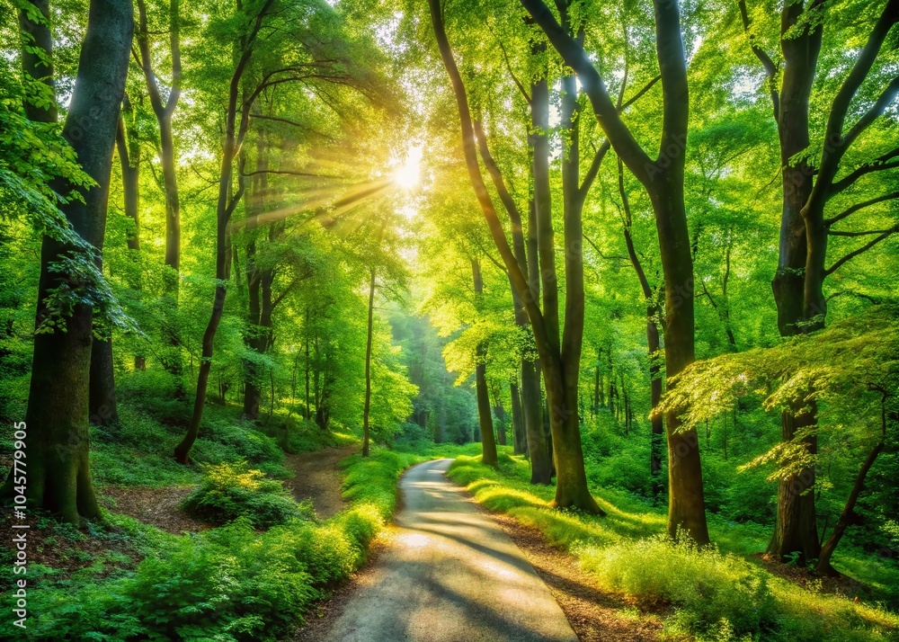 Fototapeta premium Lush Green Forest in a Charming Summer Scene for Urban Exploration Photography
