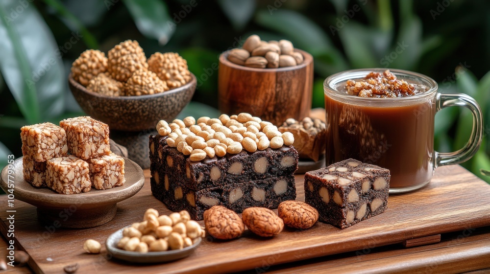 A wooden serving board with a variety of treats, including coffee, brownies, macadamia nuts, and almond bark. A wooden serving board with a variety of treats, including coffee, brownies, macadamia nuts, and almond bark.