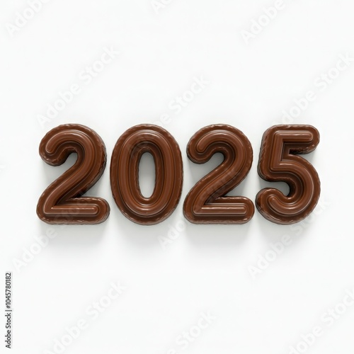 2025 number crafted from rich dark chocolate on a clean white background, perfect for confectionery marketing, New Year themed creative designs, and dessert typography. photo