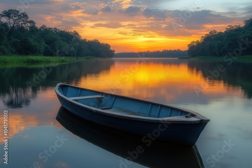 A serene sunset over a calm river with a lone boat floating peacefully.