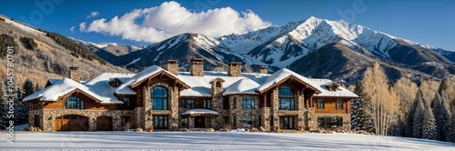 A luxurious and dreamy mansion in classic French style in Aspen, Colorado, with a stunning snowy landscape