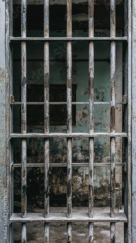 Rusty prison bars against a worn wall background.