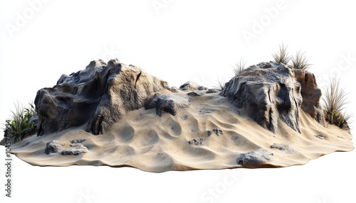 Realistic sand formation with rocky outcrop and sparse vegetation in natural setting