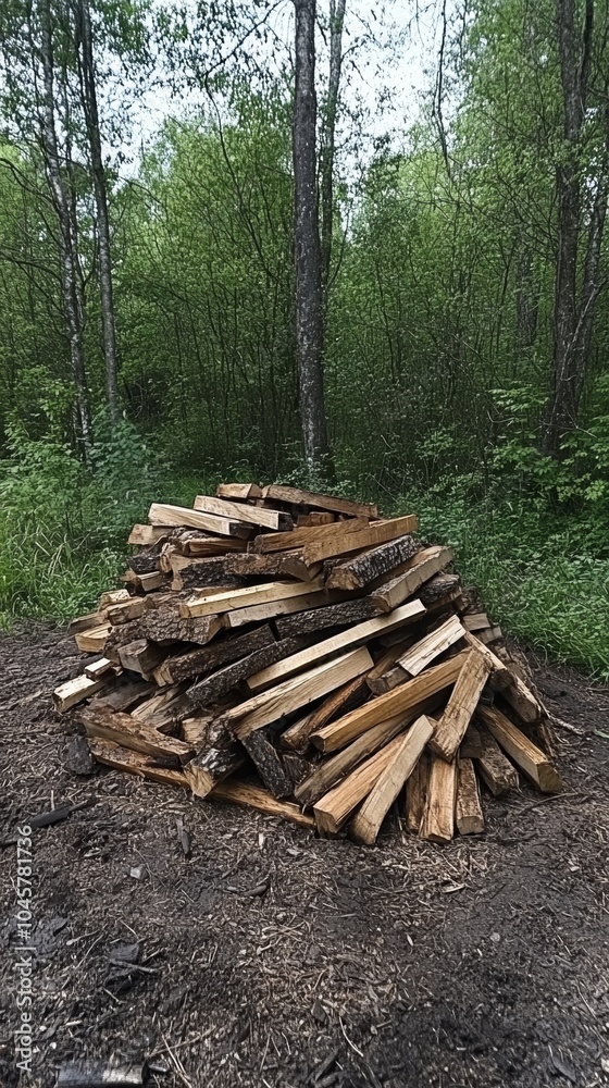 Stack of firewood in a forest setting Stack of firewood in a forest setting