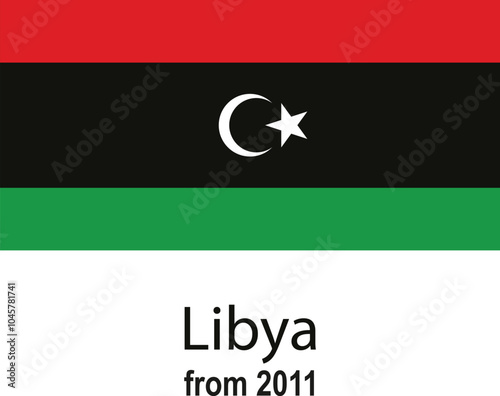 The national flag of Libya, featuring horizontal bands of red, black, and green, with a white crescent moon and star centered on the black band.