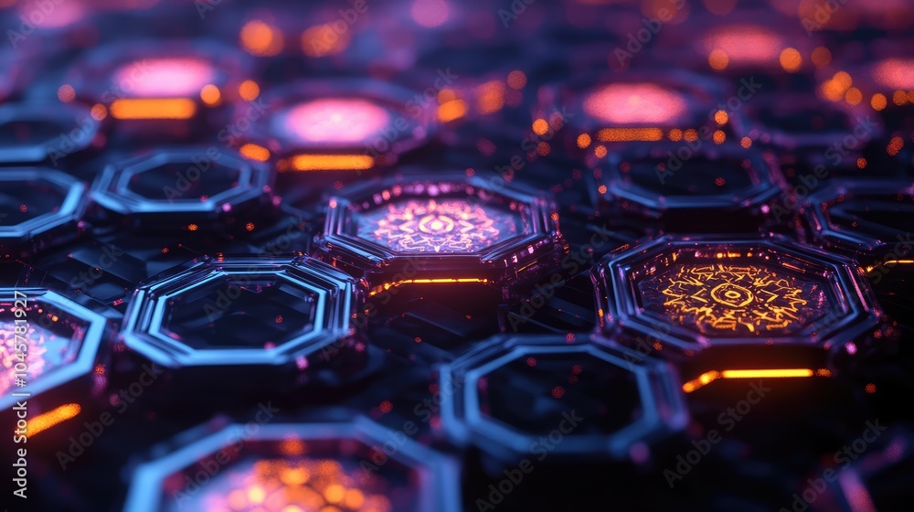 A series of neon hexagons glowing against a dark background, with intricate patterns inside each shape, creating a futuristic aesthetic A series of neon hexagons glowing against a dark background, with intricate patterns inside each shape, creating a futuristic aesthetic