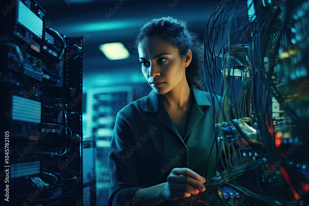 Compute engineering woman in server room data center Compute engineering woman in server room data center