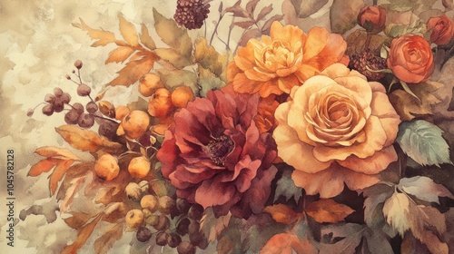 Wallpaper Mural Watercolor Painting of Autumnal Flowers Torontodigital.ca