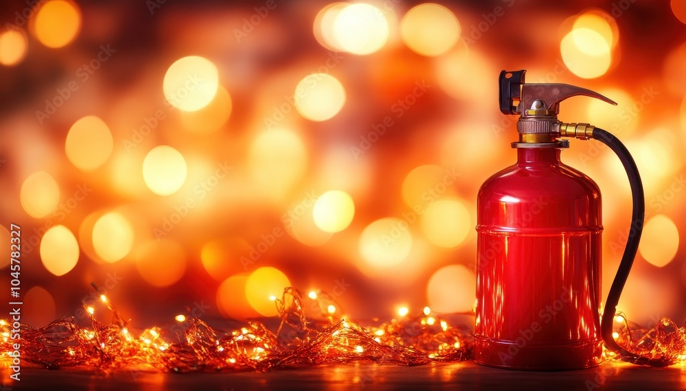 Fire extinguisher illuminated by warm lights in a fire department setting Fire extinguisher illuminated by warm lights in a fire department setting